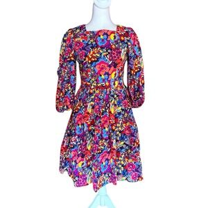Acoola Floral Puff Sleeve Babydoll Dress Colorful Womens Size XS Cotton